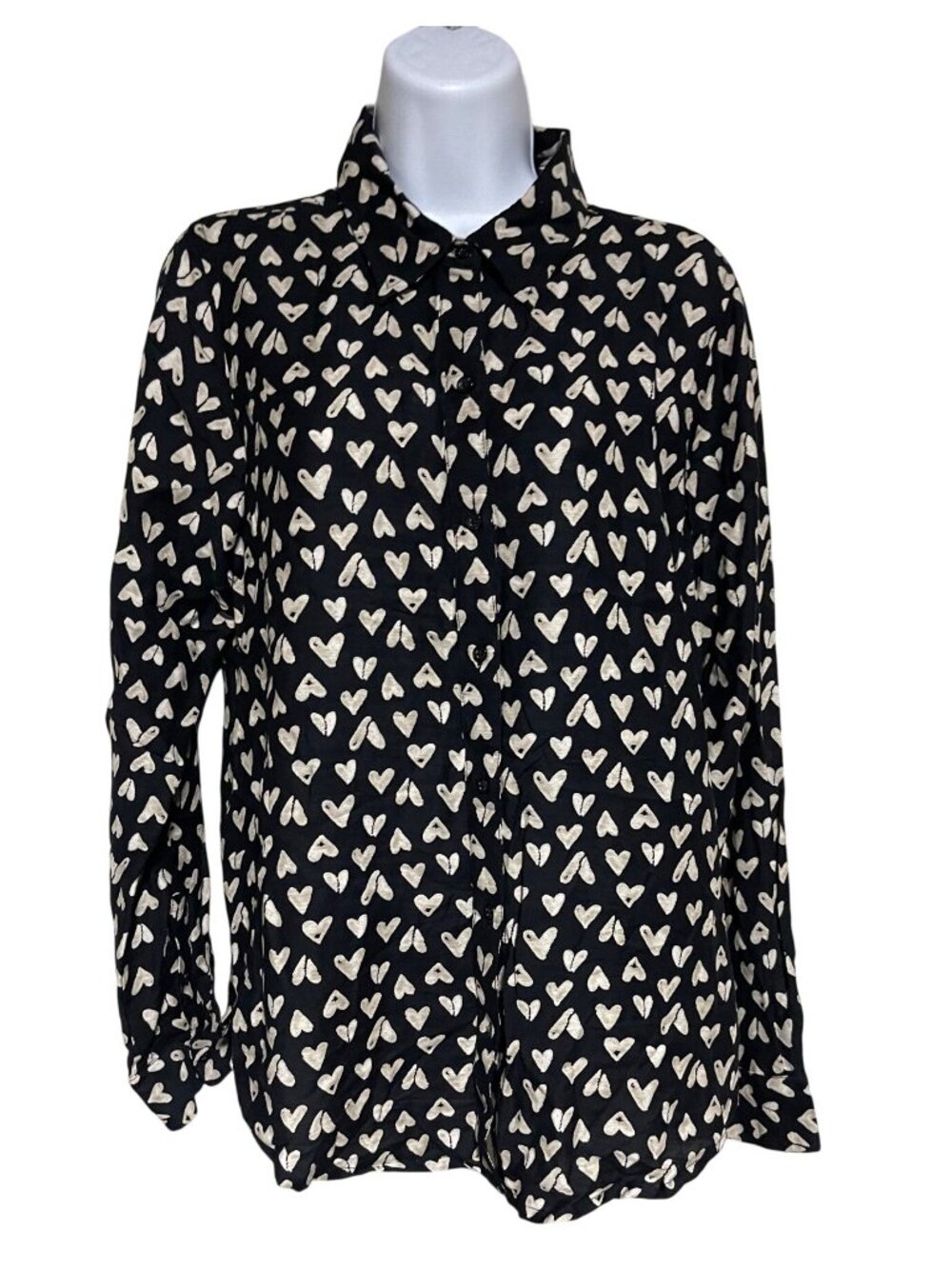 Lucky Brand Button Down Shirt Womens Size S Black Cream Heart Print Lightweight